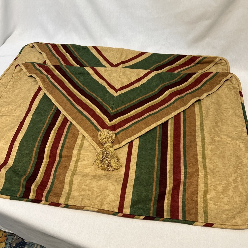 Custom Made Queen Bedskirt and 4 Shams Gold Green Red Stripe Tassel Fringe  1399